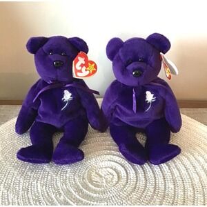 Ty Beanie Babies Princess Diana Plush Bears 1997 PE Pellets Purple Set of 2 Toys